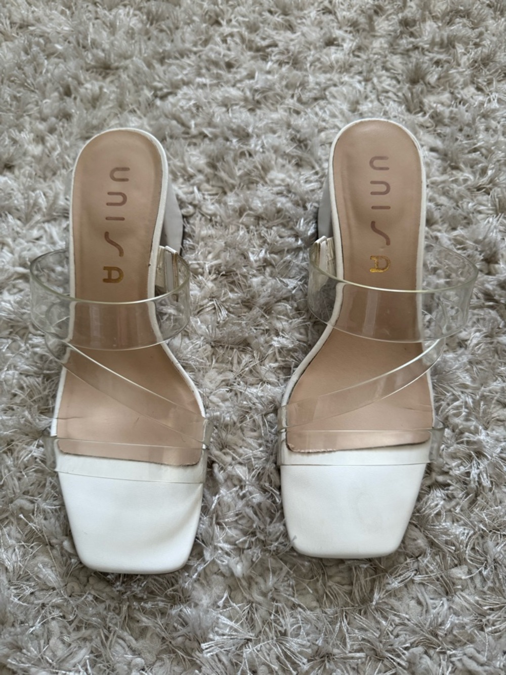 Unisa White Clear-Strap Square Toe Block Heel Sandals